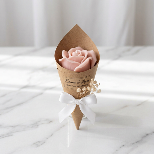 Single blush pink rose candle bouquet on white marble
